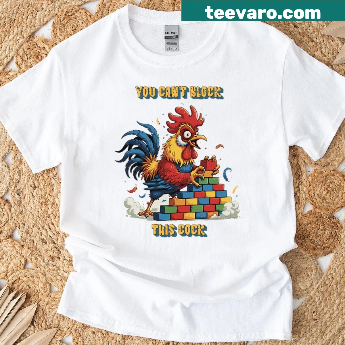 Funny rooster walking on blocks cartoon T-shirt — on a men's t-shirt