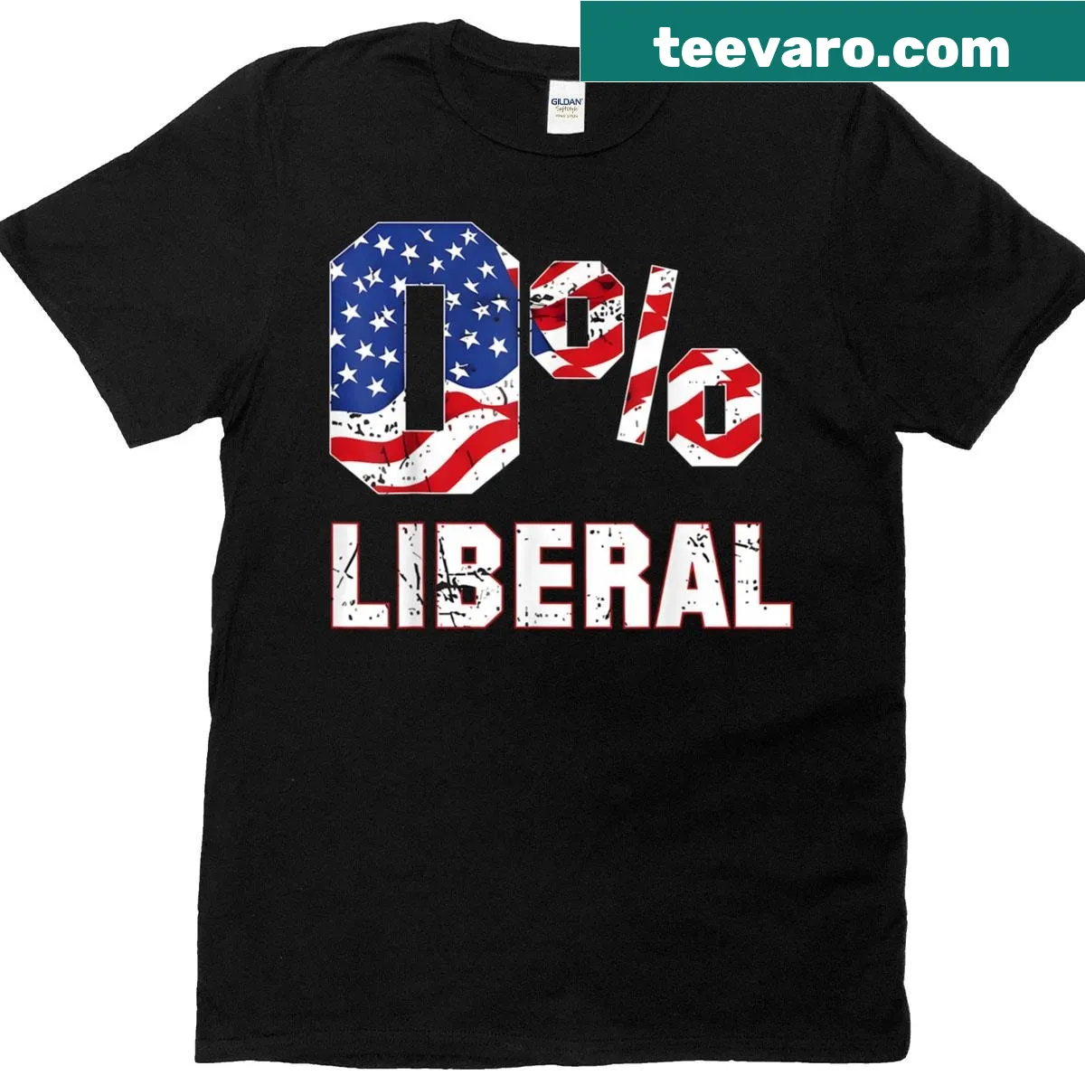 Vintage distressed t-shirt with 'Zero Percent 0 Liberal' text and USA flag — on a men's t-shirt