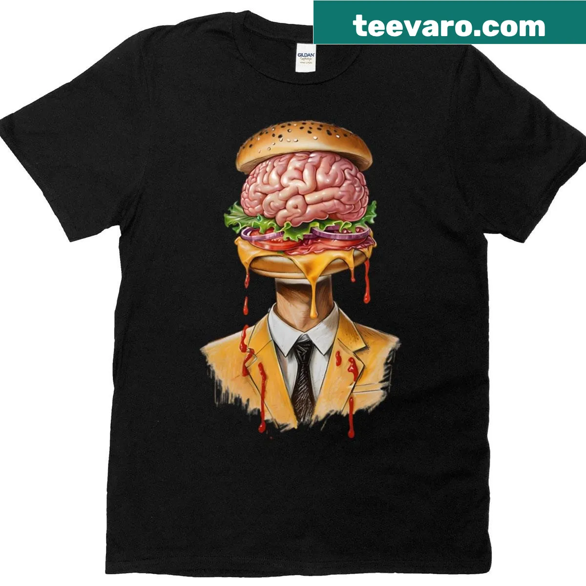 Oversized t-shirt featuring a zombie with a burger head — on a men's t-shirt