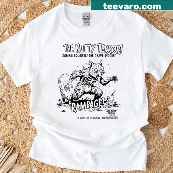 Cartoon zombie squirrel graphic on a black T-shirt
