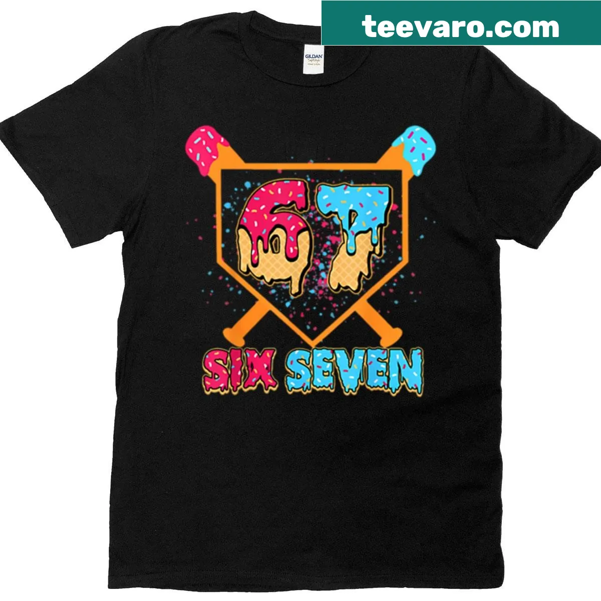 Cartoon baseball t-shirt featuring number 67 for players or birthdays — on a men's t-shirt