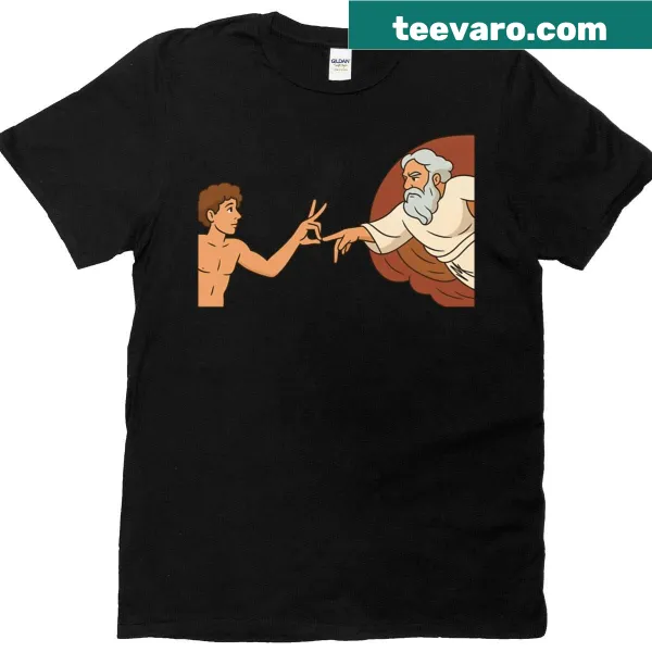 Cartoon design referencing the Creation of Adam meme