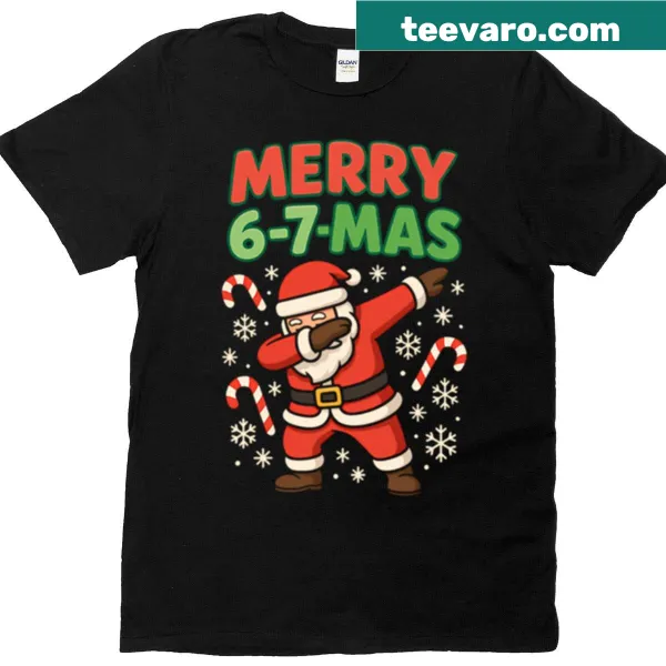 T-shirt with 'Merry 6-7-mas' meme text and Santa graphic.