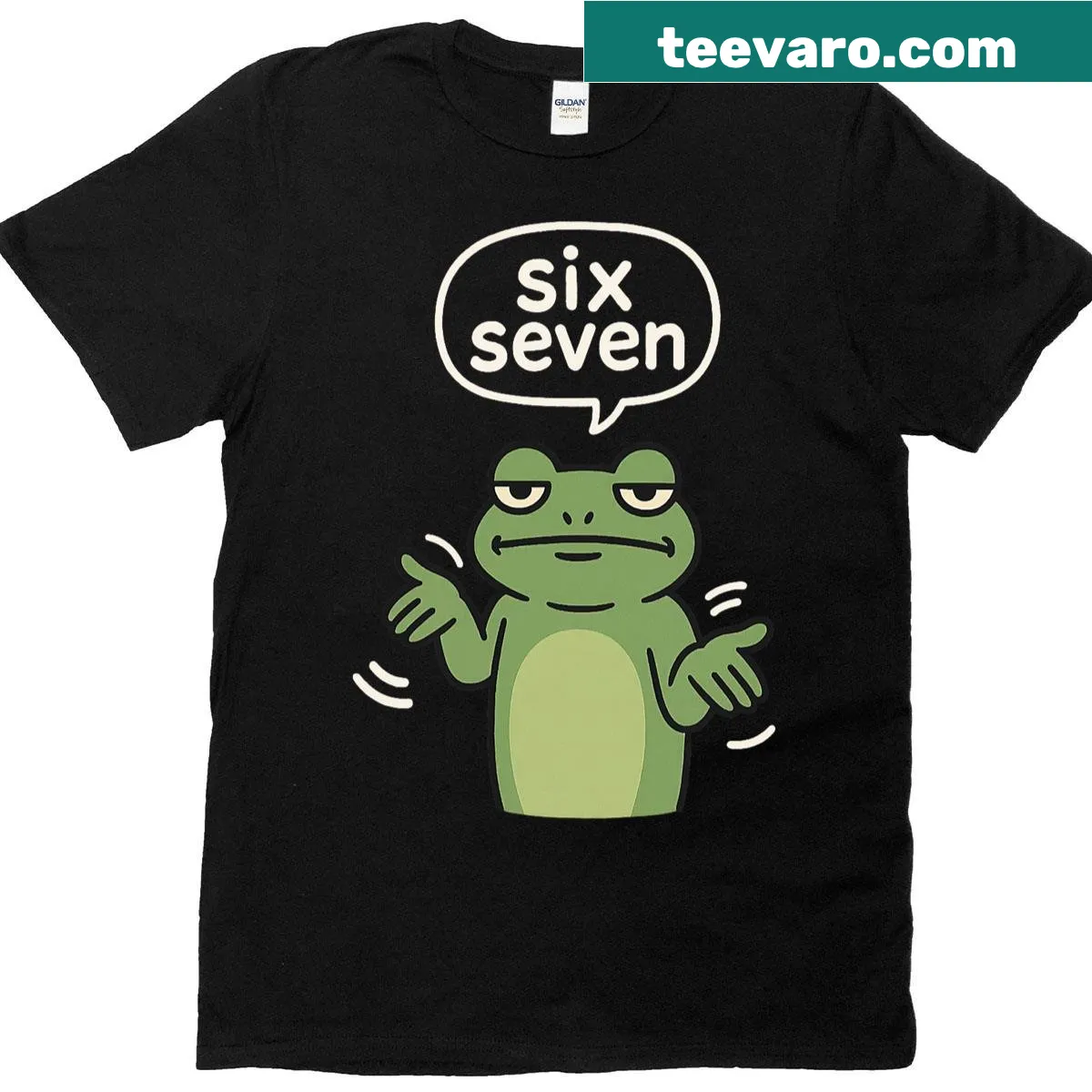 Funny cartoon frog T-shirt with '67 Six Seven 6-7 Brainrot' text — on a men's t-shirt