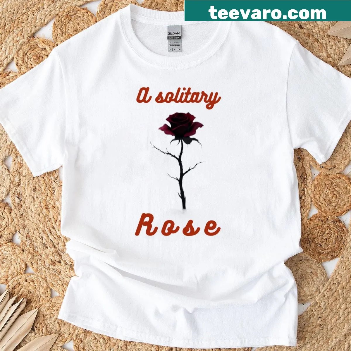 Abstract line-art of a solitary rose on a T-shirt — on a men's t-shirt