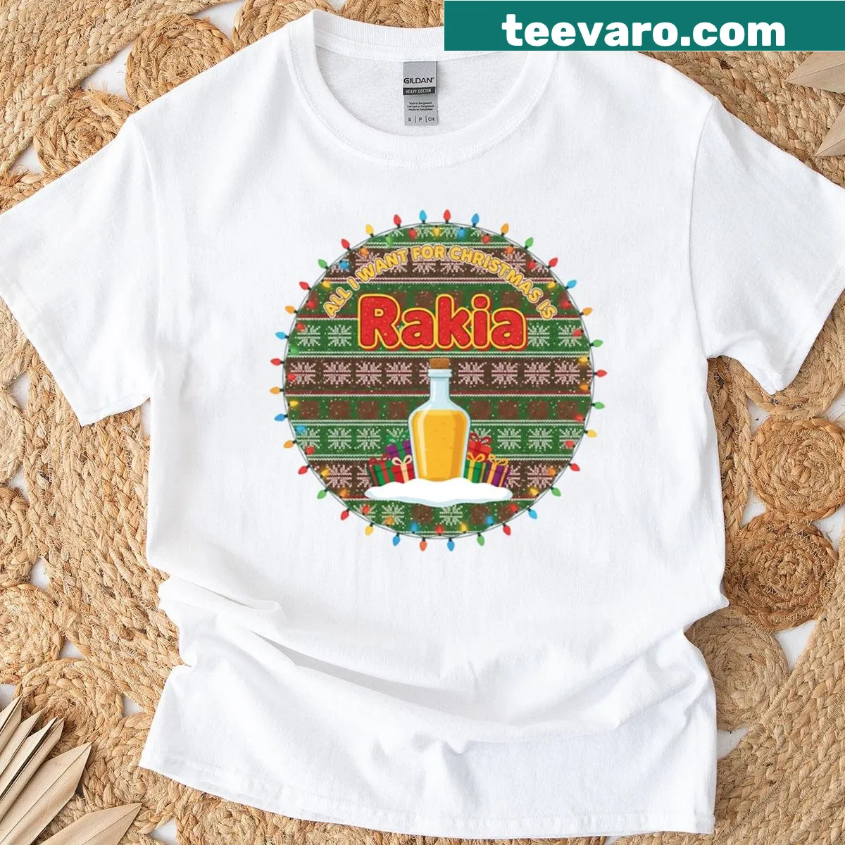 T-shirt featuring the humorous phrase about wanting rakia for Christmas. — on a men's t-shirt