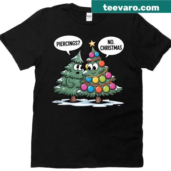 Cartoon Christmas tree graphic with pun on a T-shirt.