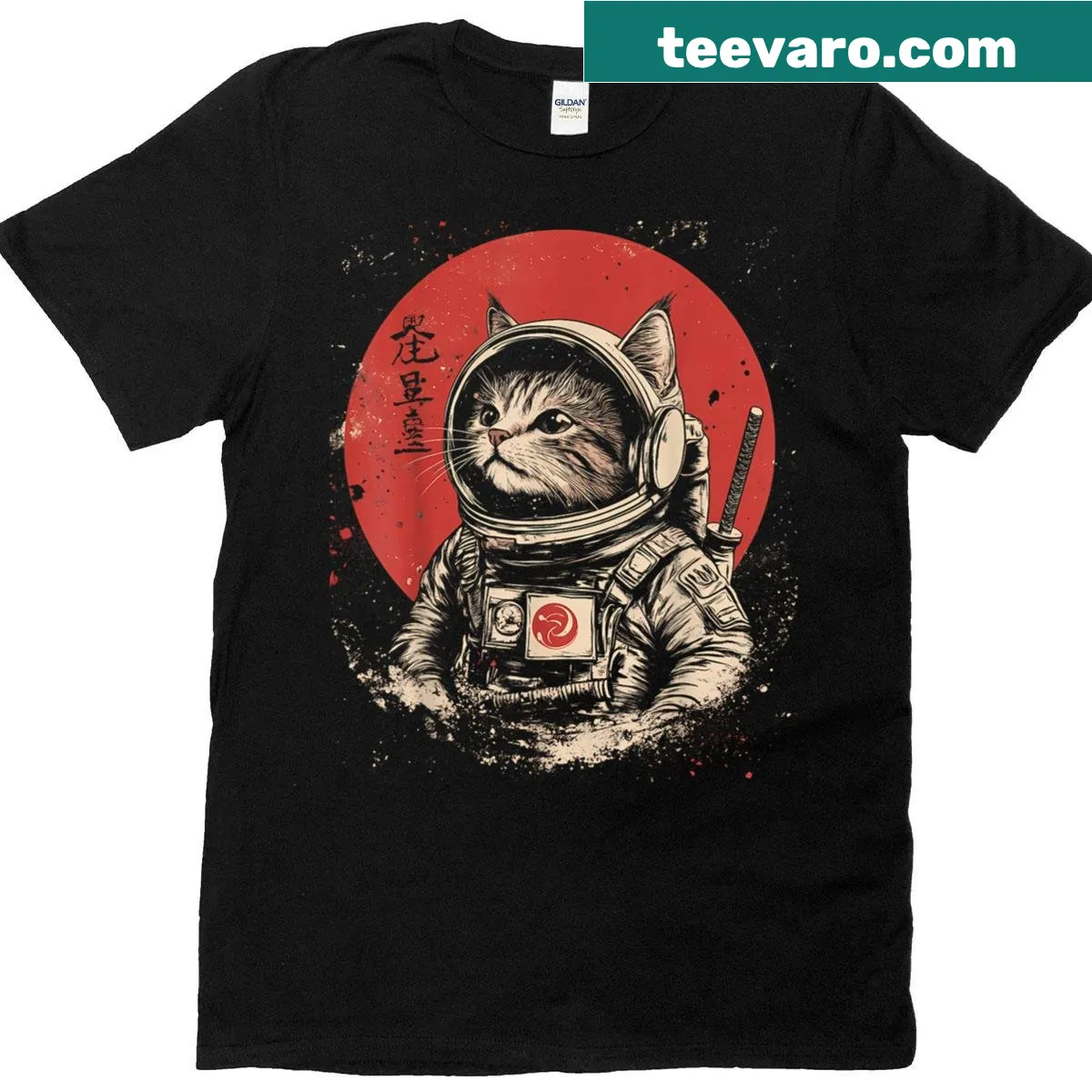 Retro design of an astronaut cat in space on t-shirt — on a men's t-shirt