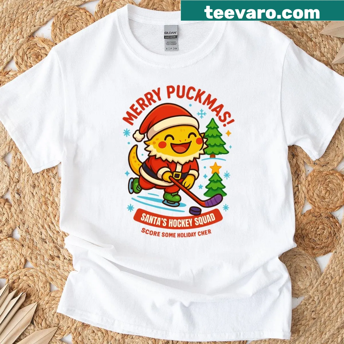 Festive t-shirt featuring a cheerful bearded dragon with holiday greetings. — on a men's t-shirt