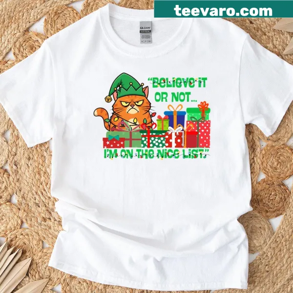 Funny Christmas tee with cat tangled in lights design