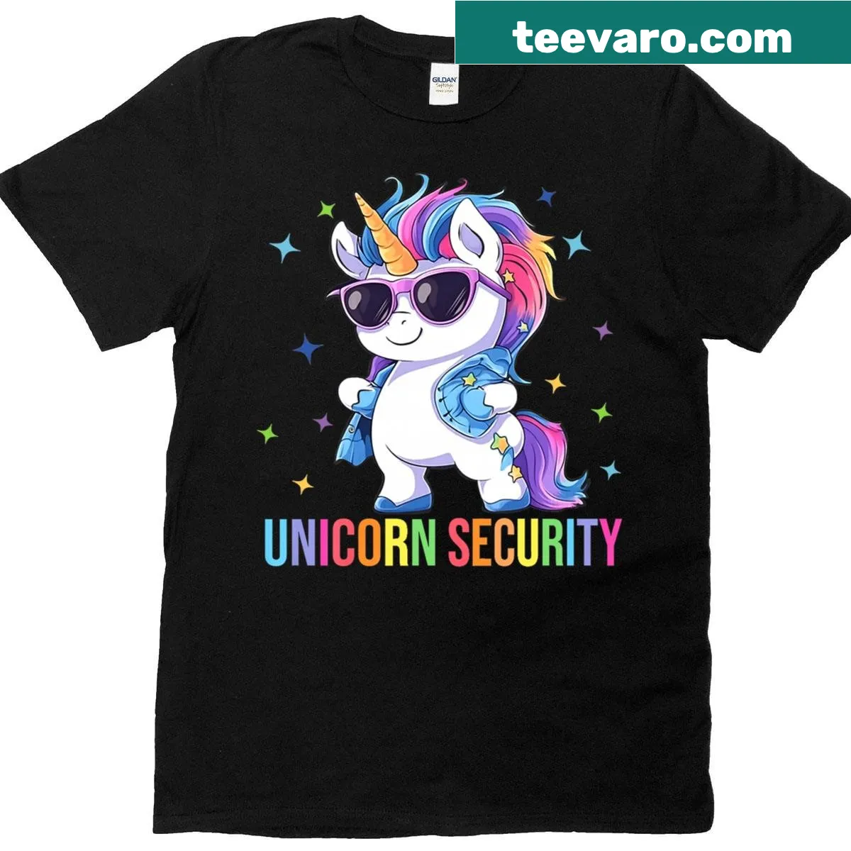 Illustrated T-shirt with unicorn security for birthday parties — on a men's t-shirt
