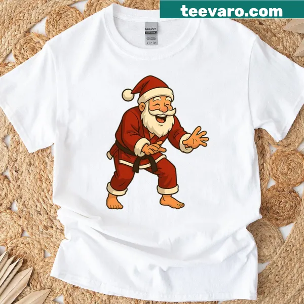 Santa in jiu-jitsu gi graphic on playful t-shirt