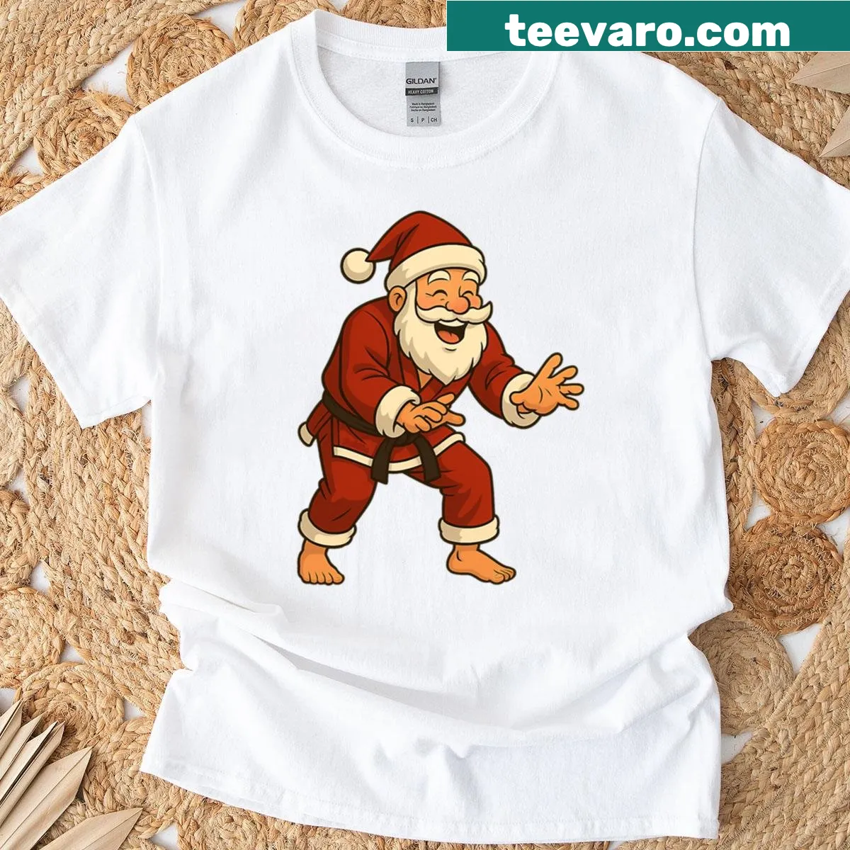 Santa in jiu-jitsu gi graphic on playful t-shirt — on a men's t-shirt