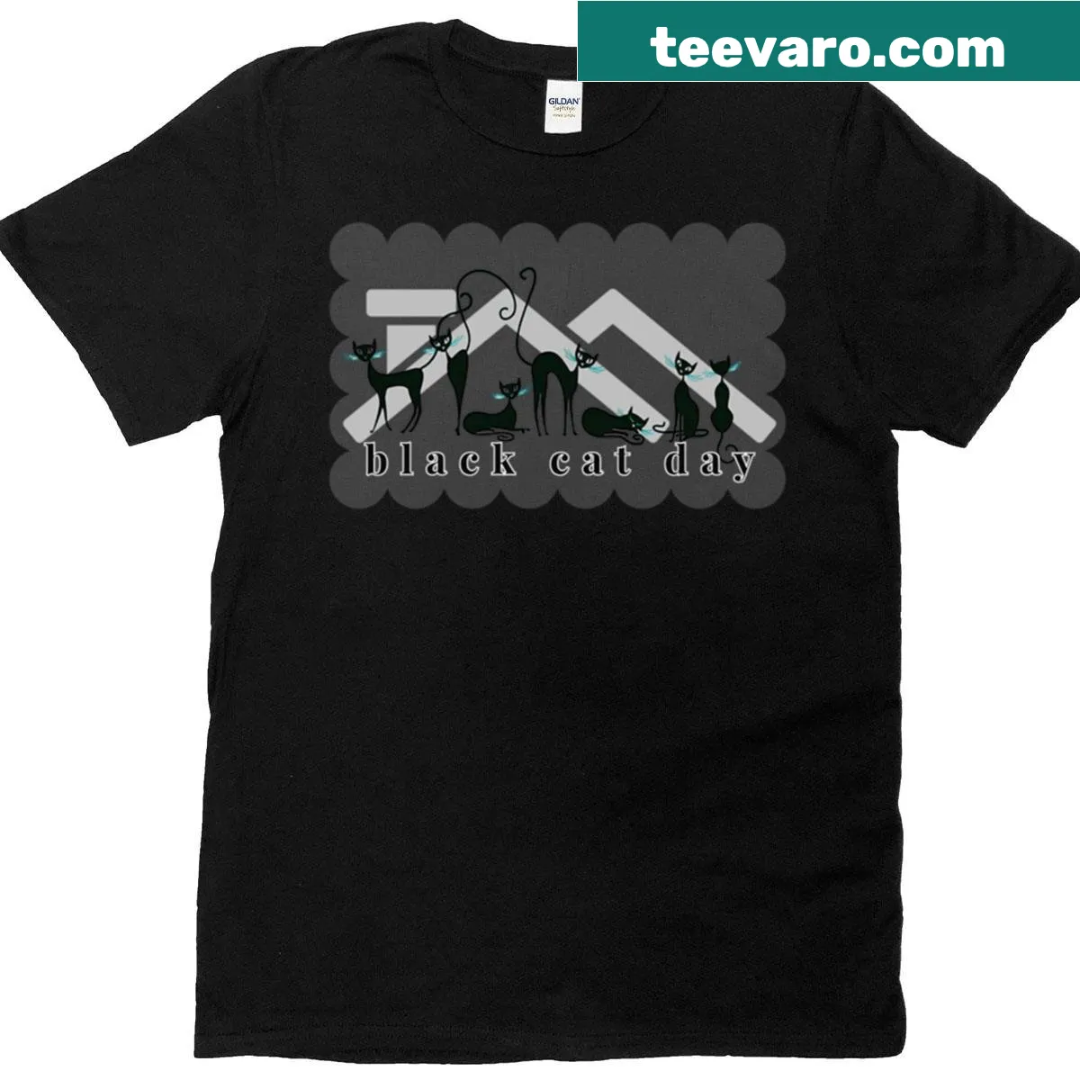 Illustrated T-shirt featuring an adorable black cat — on a men's t-shirt