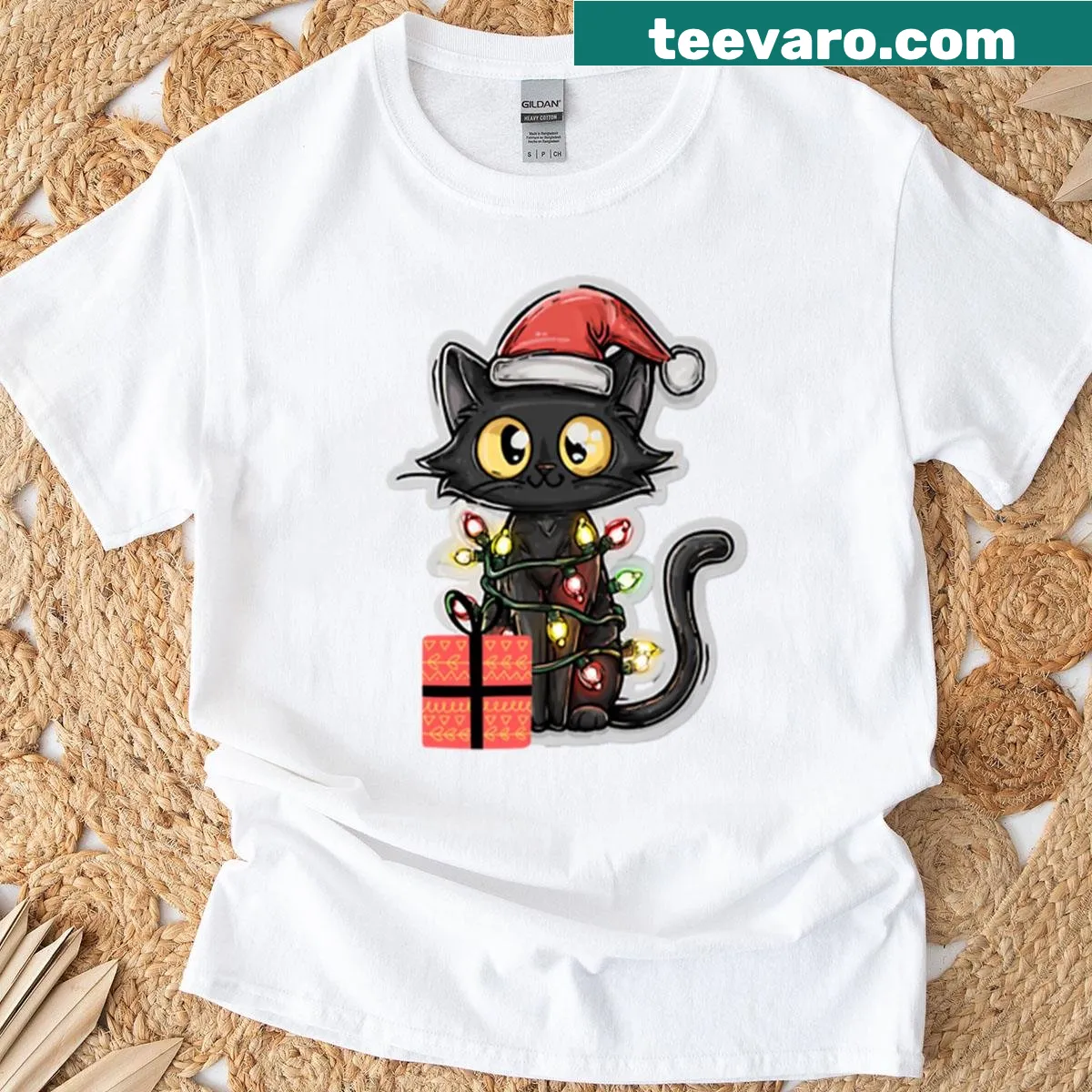Cute cartoon shirt featuring a black cat tangled in Christmas lights — on a men's t-shirt