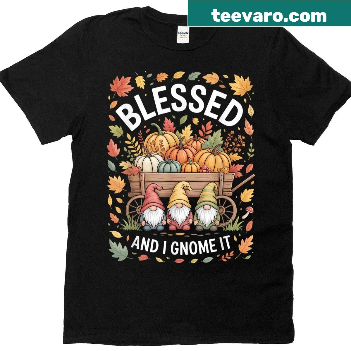 Funny Thanksgiving t-shirt with gnome and pumpkin design — on a men's t-shirt