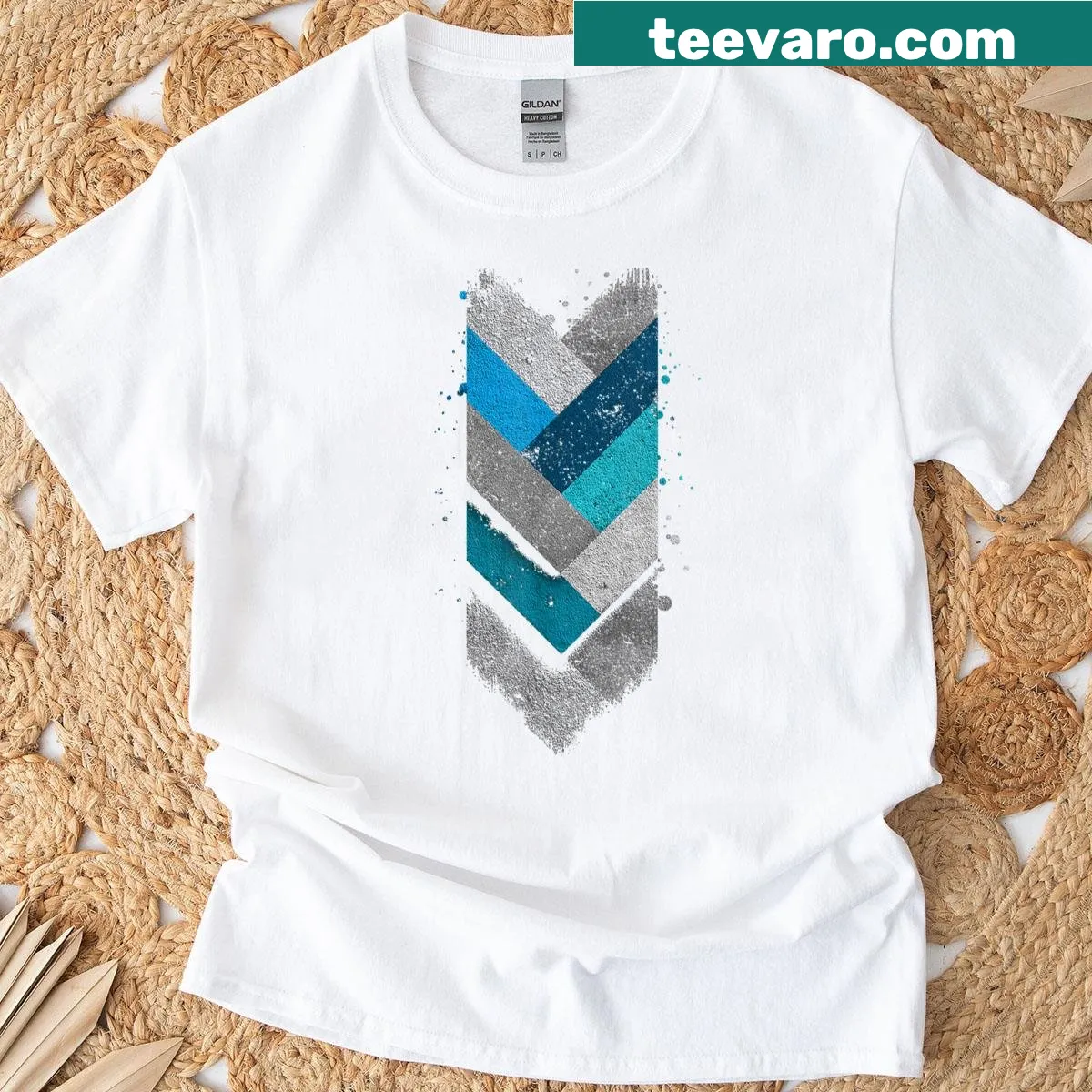 Minimalist geometric chevron design T-shirt in blue and gray — on a men's t-shirt