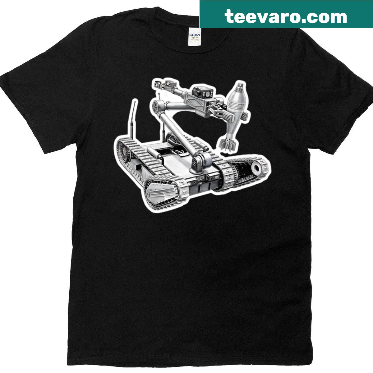 Graphic of a bomb disposal robot surrounded by tools and wires — on a men's t-shirt