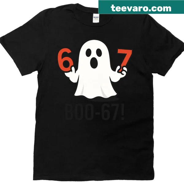 Cute ghost graphic with spooky number 67 on a T-shirt
