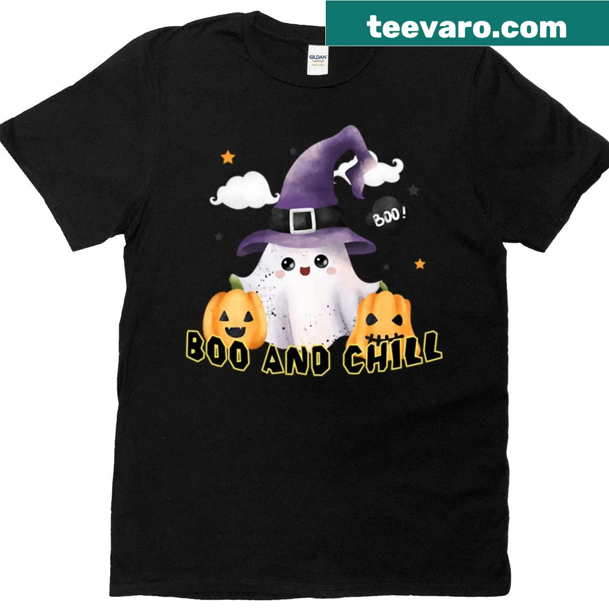 Cute Halloween design t-shirt with playful 'Boo And Chill' text. — on a men's t-shirt