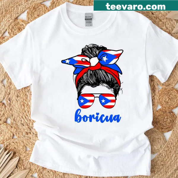 T-shirt featuring messy bun graphic with Puerto Rican flag