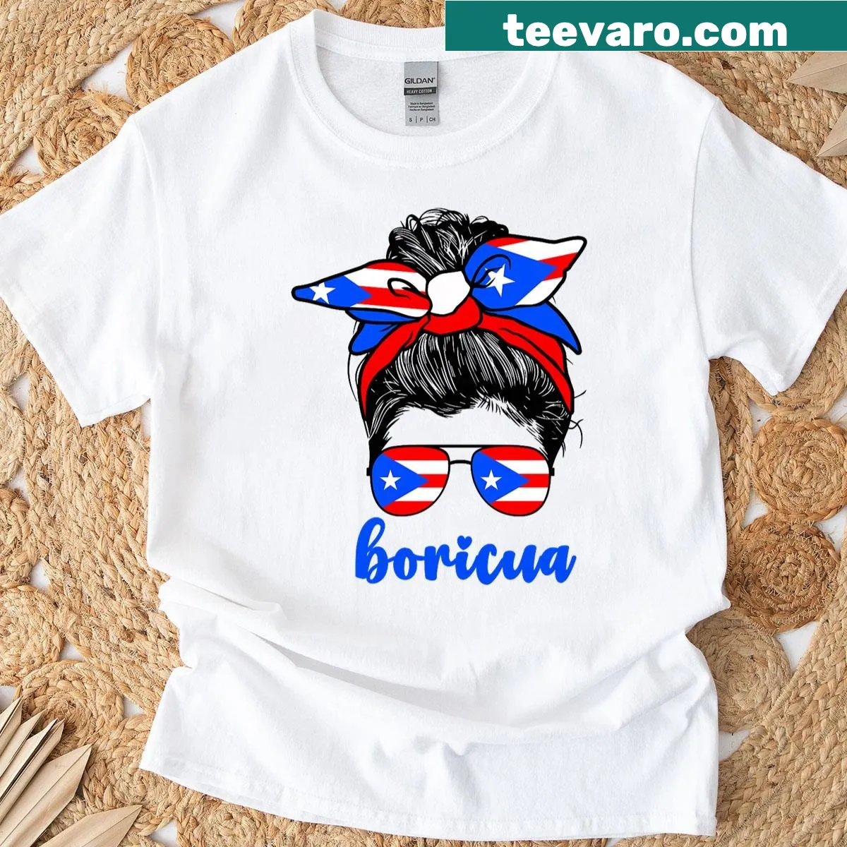 T-shirt featuring messy bun graphic with Puerto Rican flag — on a men's t-shirt