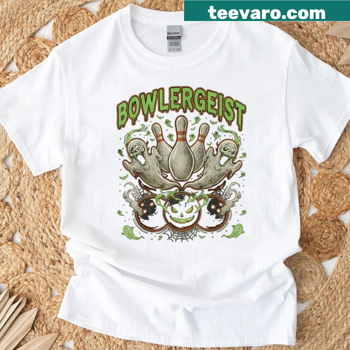 Funny Halloween t-shirt with ghost and bowling design — on a men's t-shirt