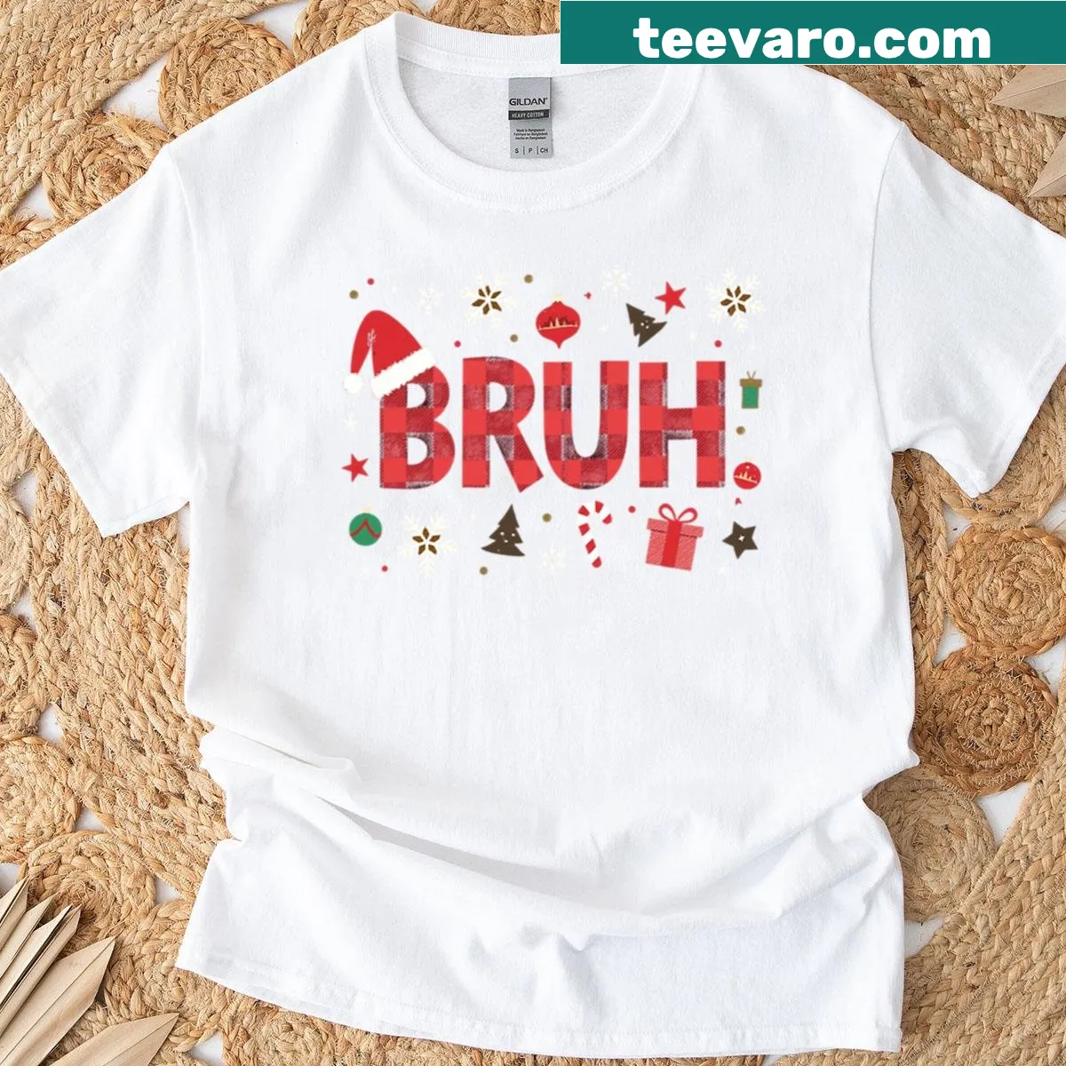 Funny Christmas t-shirt with plaid and 'Bruh' text — on a men's t-shirt