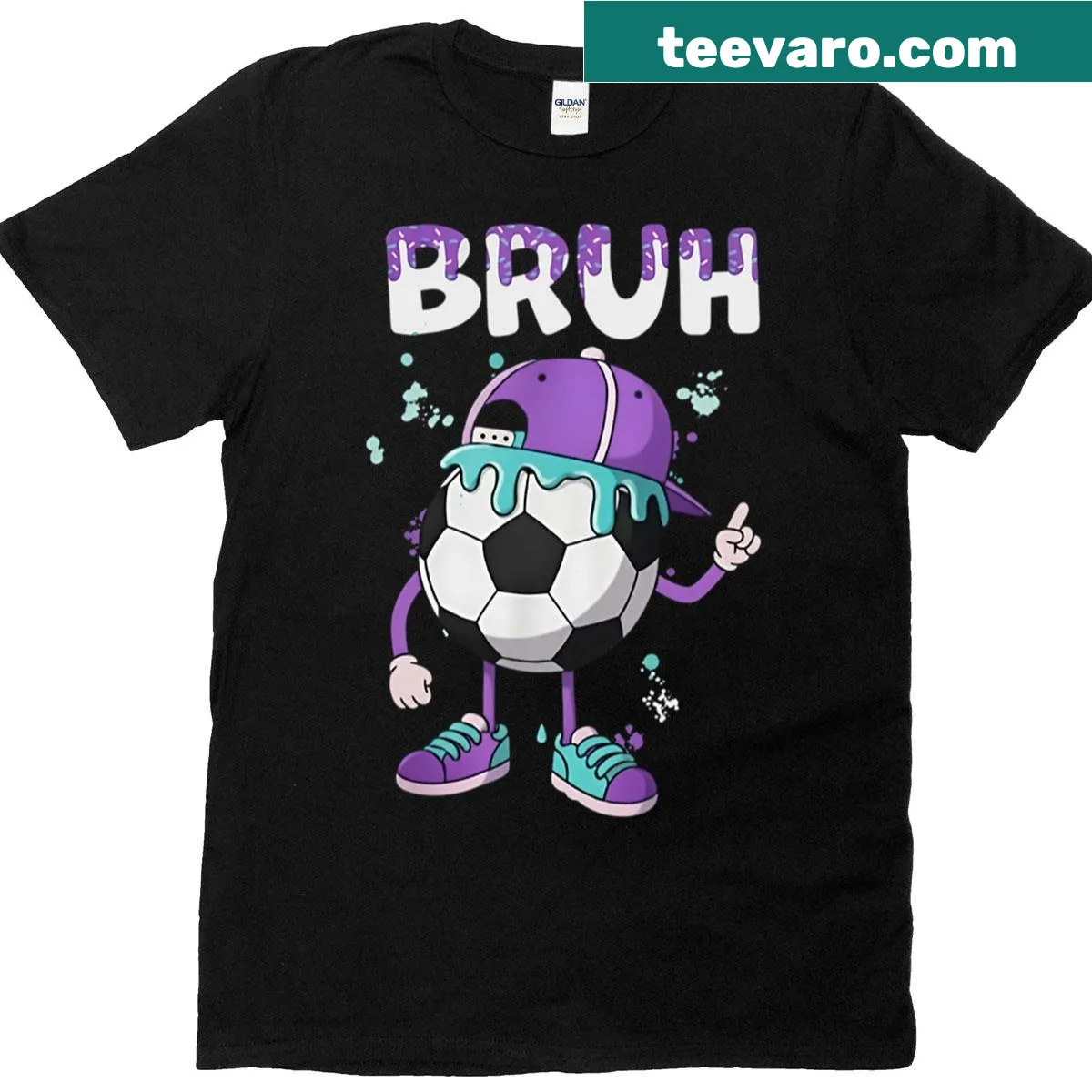 Cartoon T-shirt featuring a soccer ball and 'Bruh' text — on a men's t-shirt