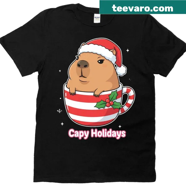 Funny Christmas T-shirt featuring a capybara in a candy cane cup