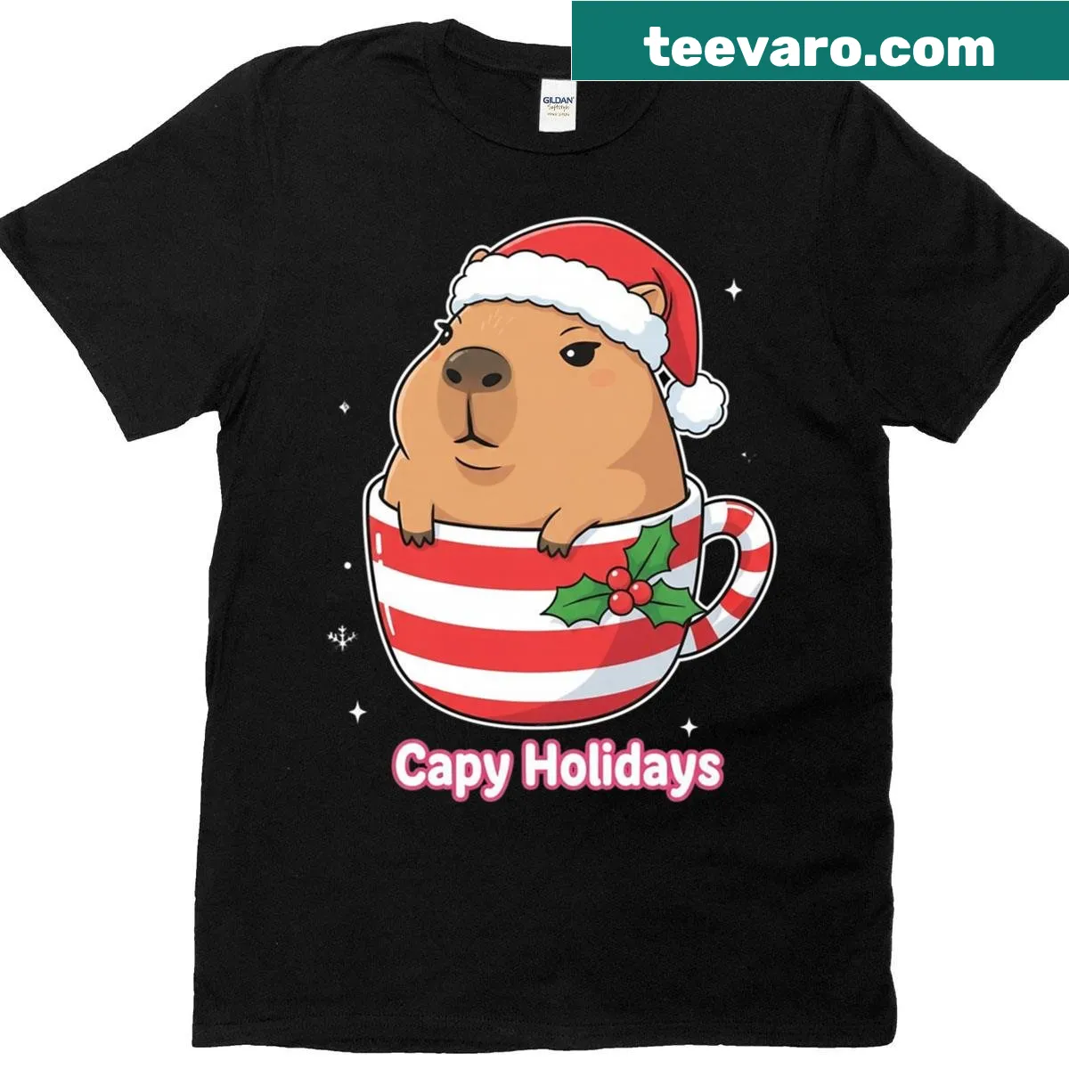 Funny Christmas T-shirt featuring a capybara in a candy cane cup — on a men's t-shirt