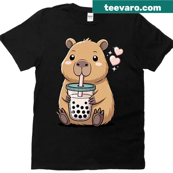 Cute cartoon T-shirt with a capybara drinking bubble tea