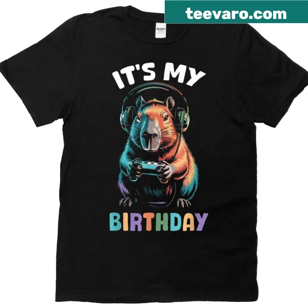 Cartoon capybara with video game controller birthday t-shirt