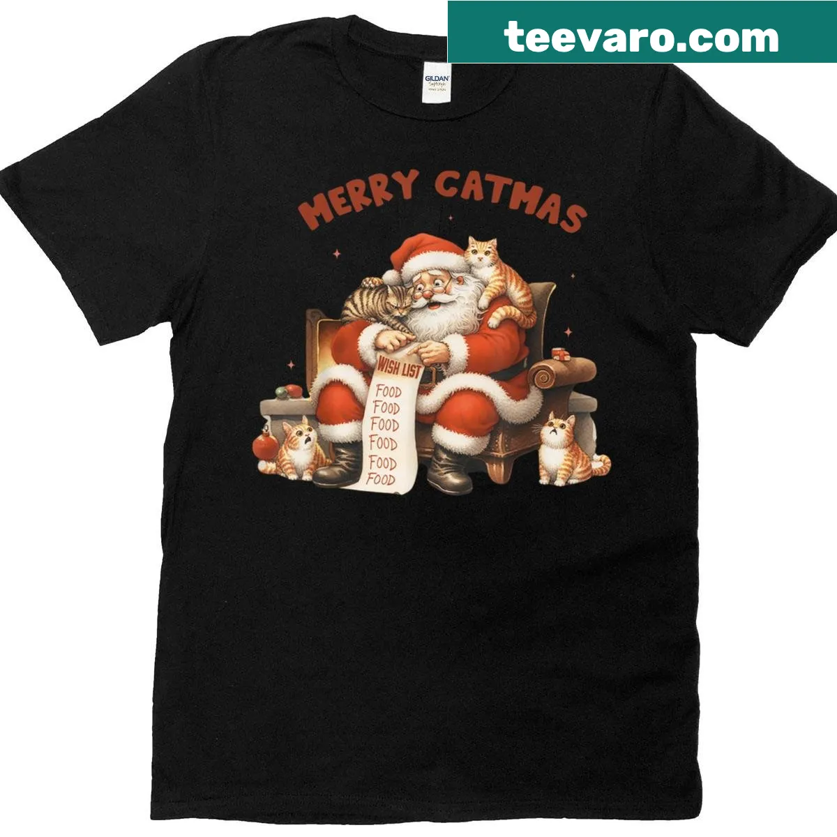 Funny Cat Christmas T-shirt with a Santa hat and playful text — on a men's t-shirt