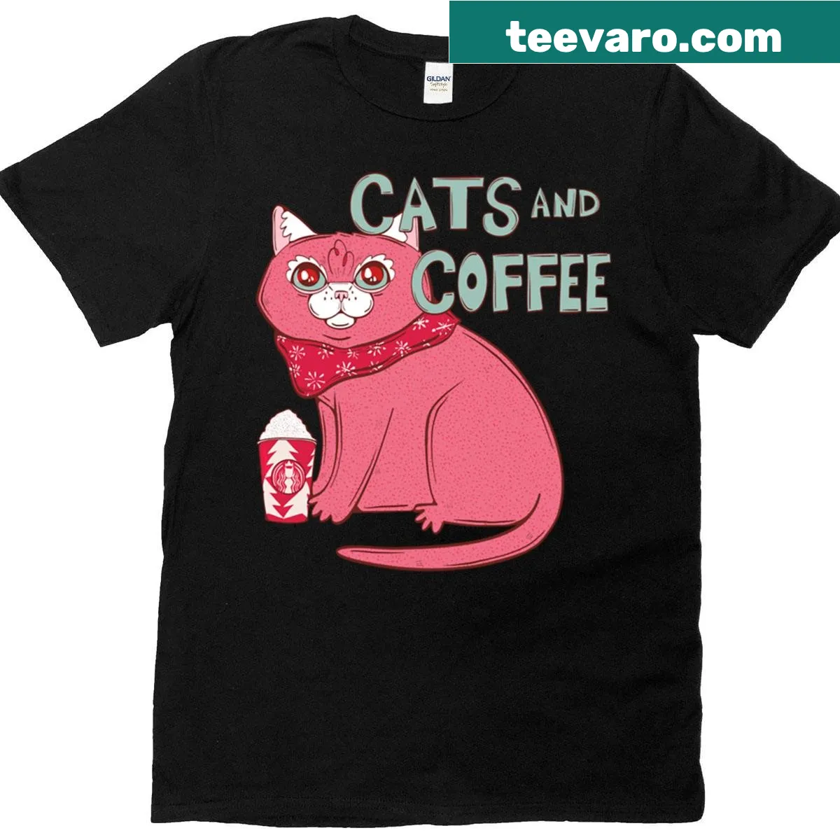 Cute T-shirt with Christmas cat and cozy coffee illustration — on a men's t-shirt