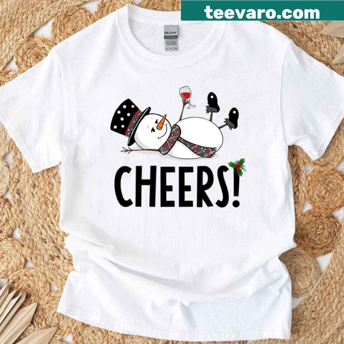 Funny Christmas t-shirt with a cheerful snowman raising a glass — on a men's t-shirt