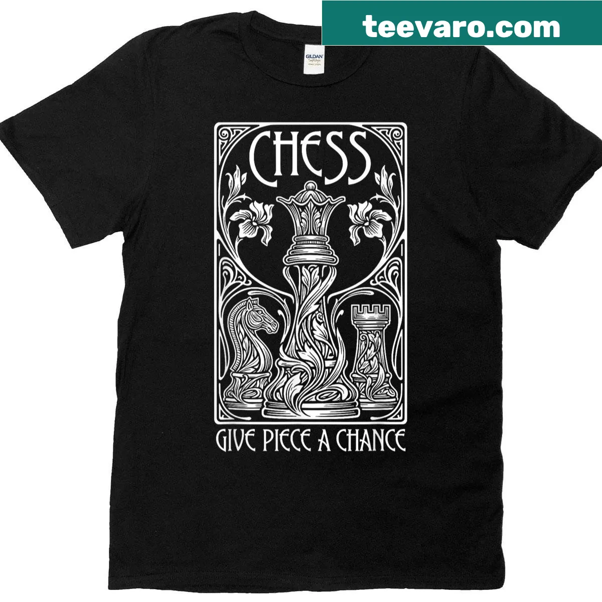 Art Nouveau styled typography with chess theme saying Give Piece A Chance — on a men's t-shirt