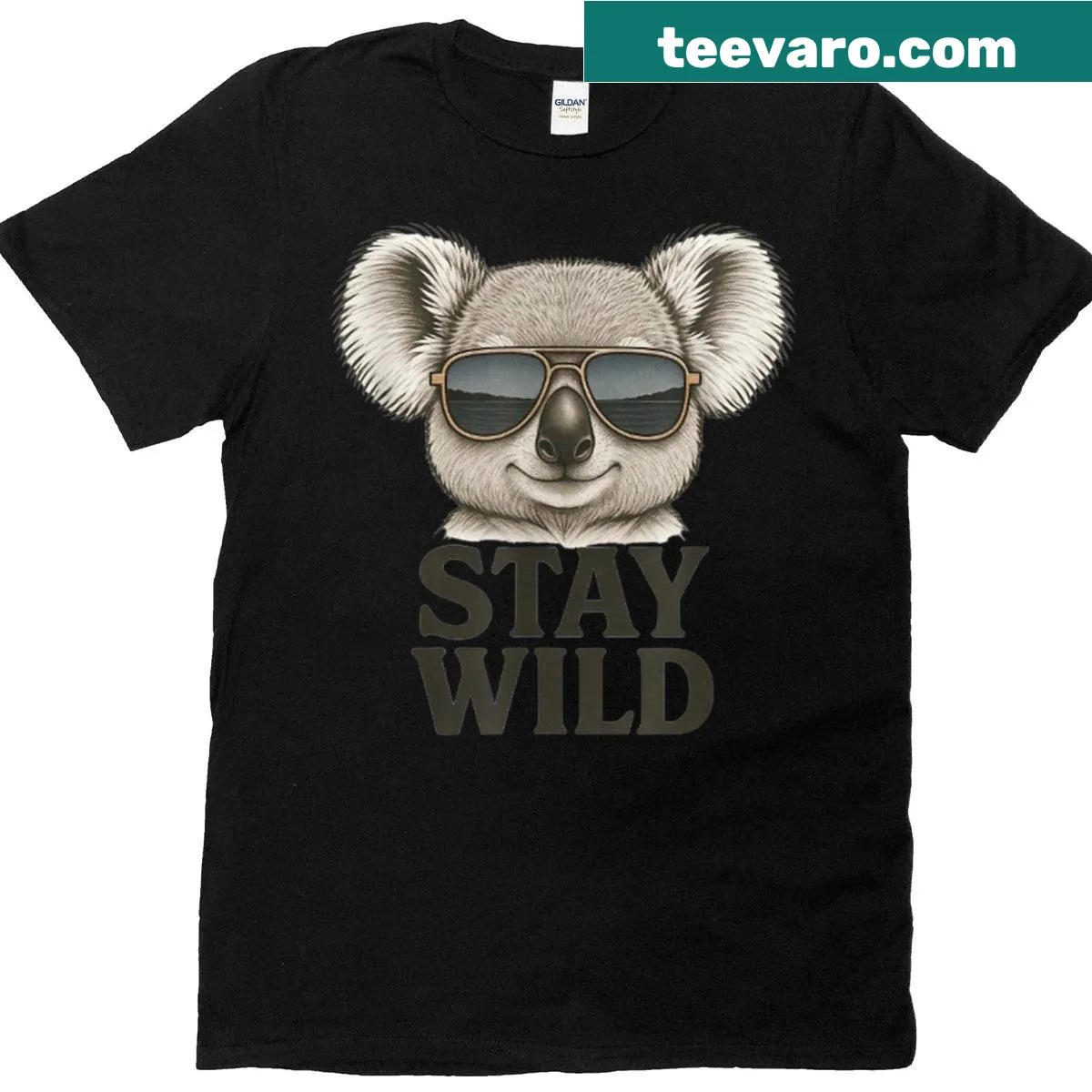 Cartoon koala wearing glasses with text 'Stay Wild' — on a men's t-shirt