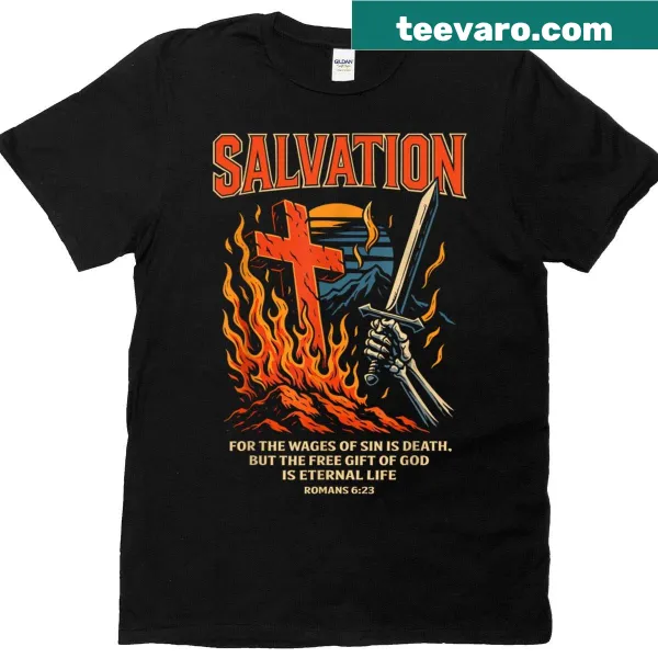 Retro T-shirt with cross and Romans 6:23 Bible verse graphic