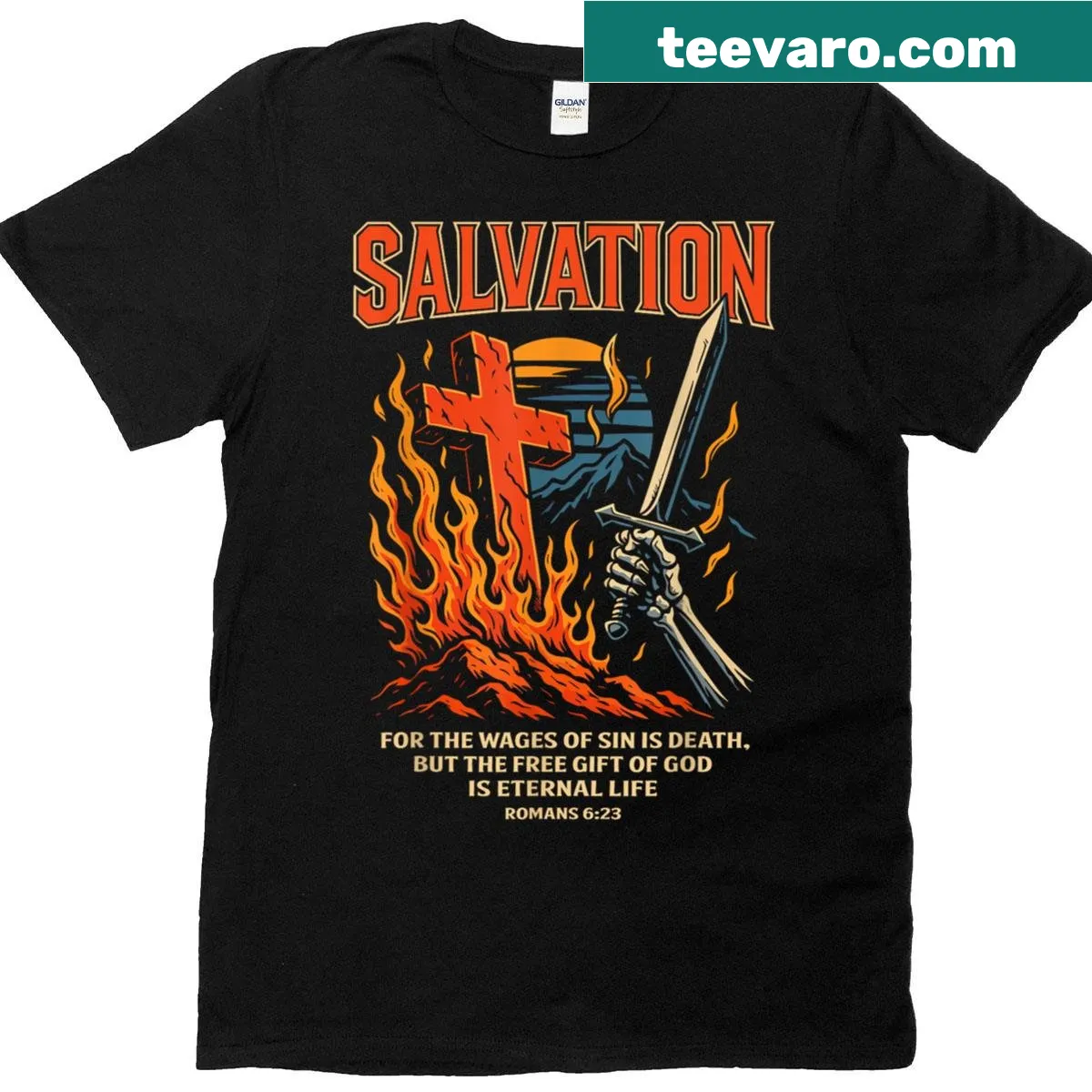 Retro T-shirt with cross and Romans 6:23 Bible verse graphic — on a men's t-shirt