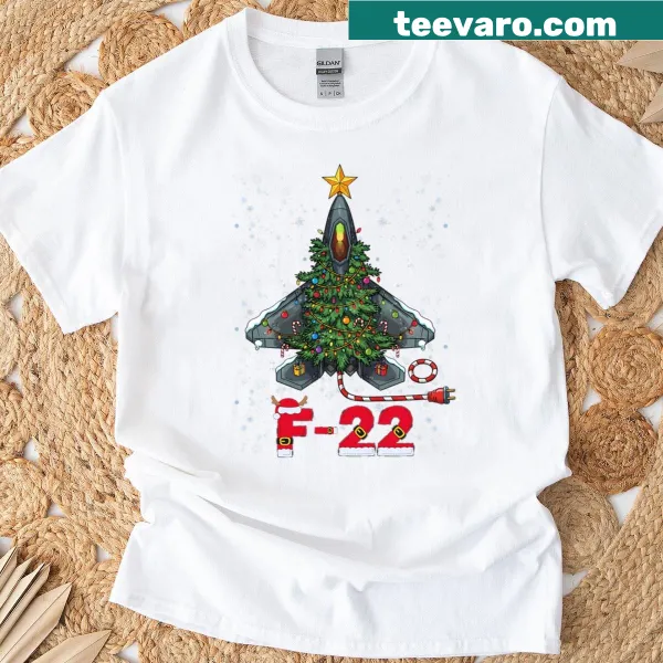 Christmas shirt featuring an F22 Raptor styled as a Christmas tree