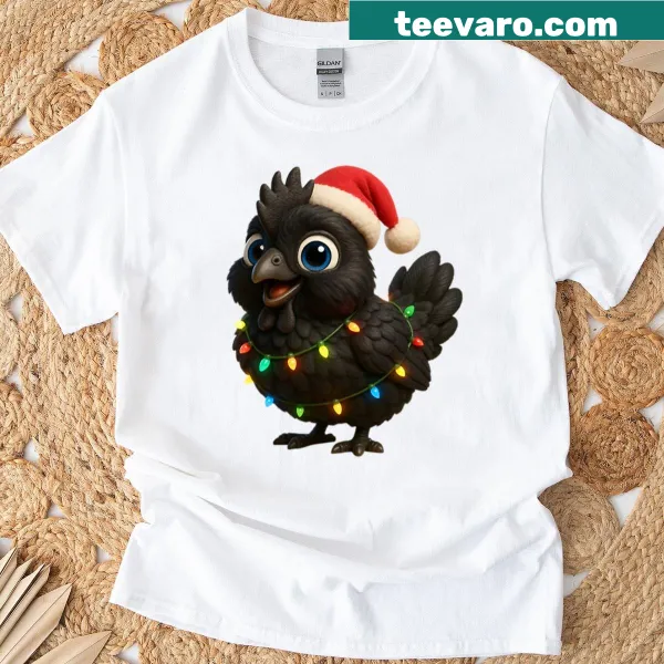 Christmas-themed T-shirt featuring an Ayam Cemani chicken illustration