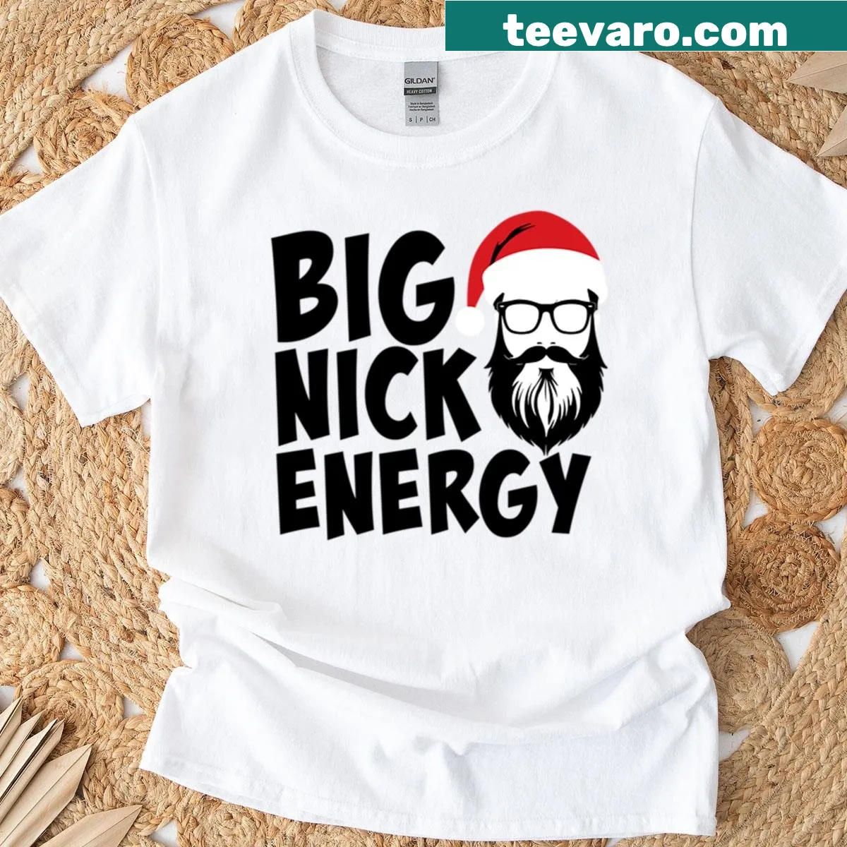 Funny Christmas shirt with 'Big Nick Energy' text — on a men's t-shirt