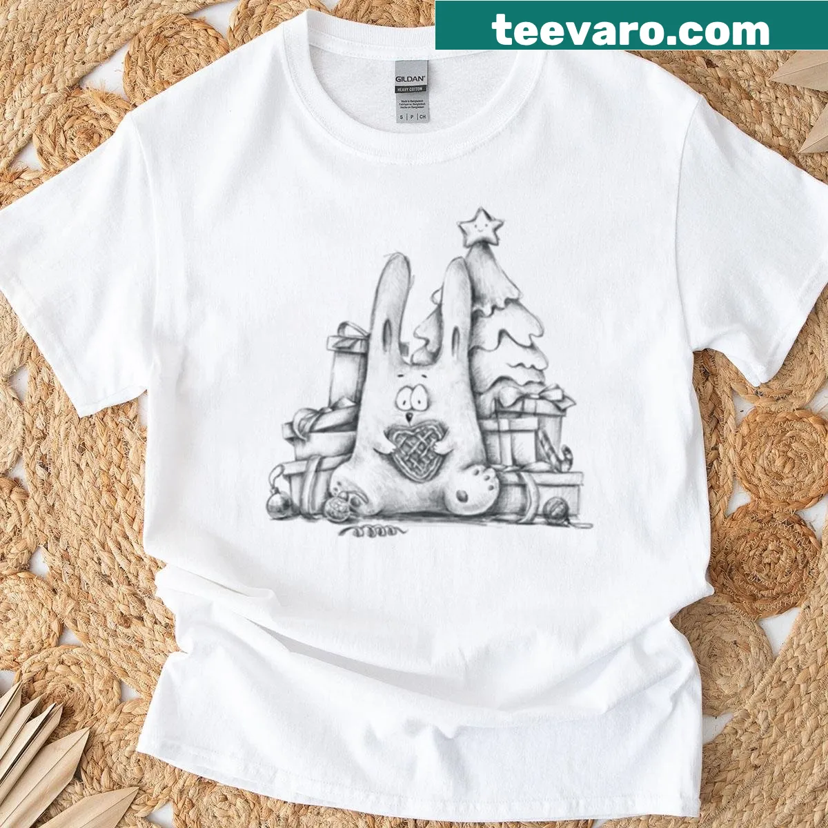 Cute Christmas bunny illustration with gifts on a t-shirt — on a men's t-shirt