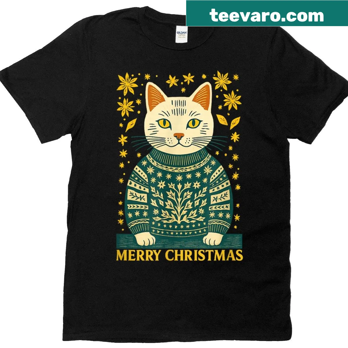 Retro holiday cat illustration on cozy Christmas T-shirt — on a men's t-shirt