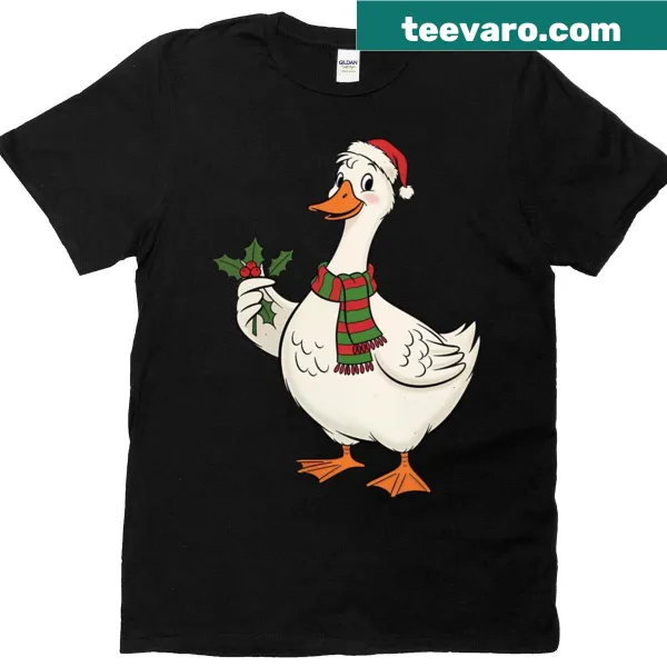 Cute T-shirt featuring a Christmas duck holding holly in a whimsical design