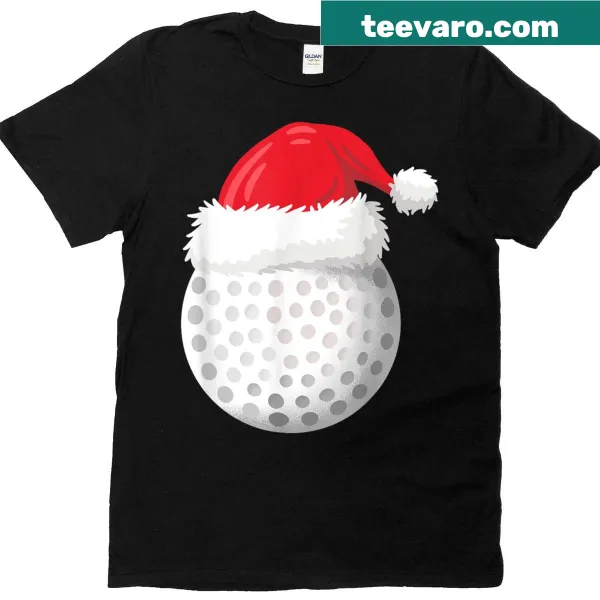 Funny Christmas-themed T-shirt with golf ball in a Santa hat