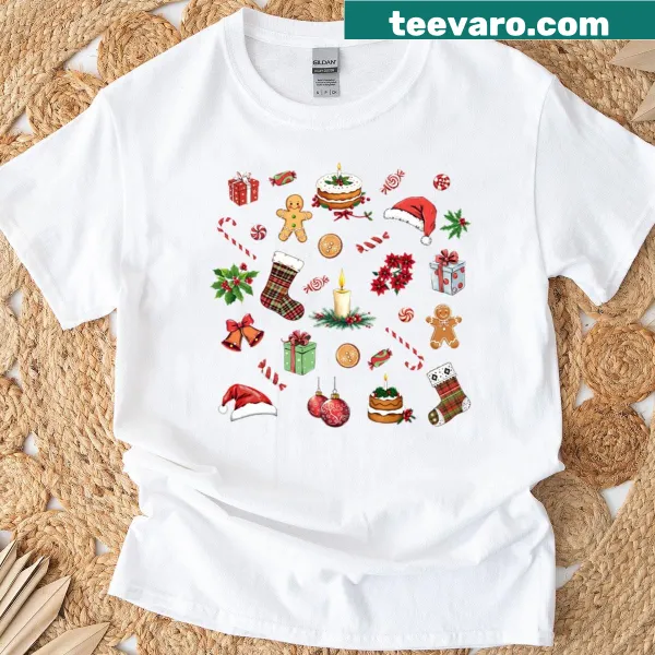 Festive Christmas illustration pattern on a holiday t-shirt.