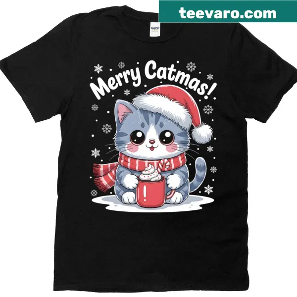 Kawaii cat in a Santa hat with hot cocoa design on a t-shirt