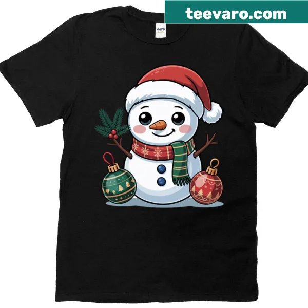 Whimsical Christmas snowman graphic on a festive T-shirt